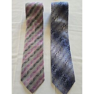 Lot Of 2 Van Heusen Mens Neck Tie Gray Pink Geometric Leaves Blue 100% Silk